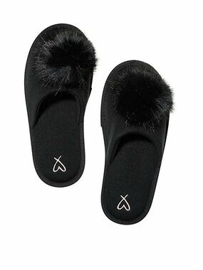 NWOT Victoria's Secret Black Pom-Pom Faux Fur Slide Slippers size M (7/8)